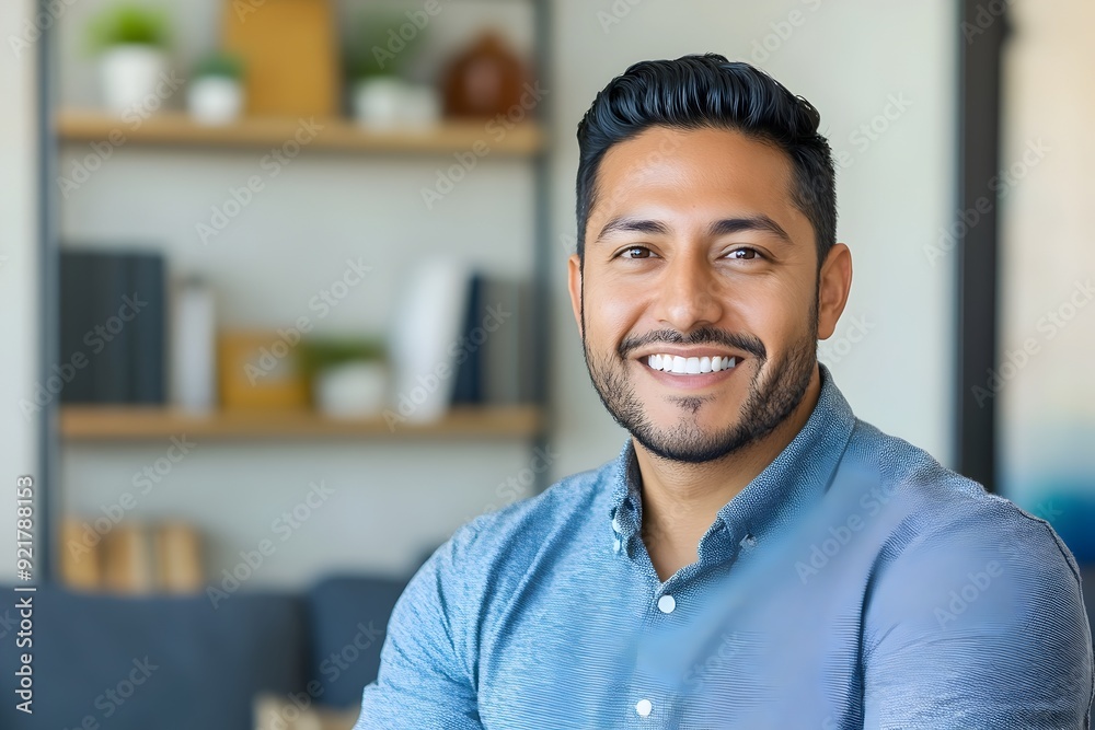 Obraz premium Confident Indian Hispanic Man Smiles in Modern Home Office