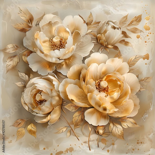 Fototapeta Naklejka Na Ścianę i Meble -  Watercolor painting Beautiful golden peonies and golden leaves and flowers with delicate brushstrokes