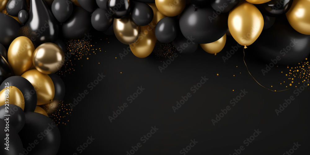 Black, Gold and Silver Balloons on a Black Background - design party banner. Luxury Festive Backdrop, copy space Black, Gold and Silver Balloons on a Black Background - design party banner. Luxury Festive Backdrop, copy space