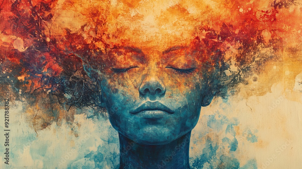 Abstract Artistic Portrait of a Woman with Vibrant Colors and Closed Eyes in a Surreal Dreamlike State Abstract Artistic Portrait of a Woman with Vibrant Colors and Closed Eyes in a Surreal Dreamlike State