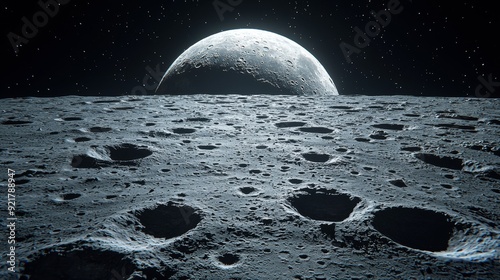 Moon surface close-up with craters and stars.