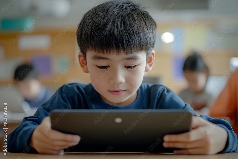 Focused Asian Student Using Digital Tablet in Classroom During STEM Lesson Focused Asian Student Using Digital Tablet in Classroom During STEM Lesson