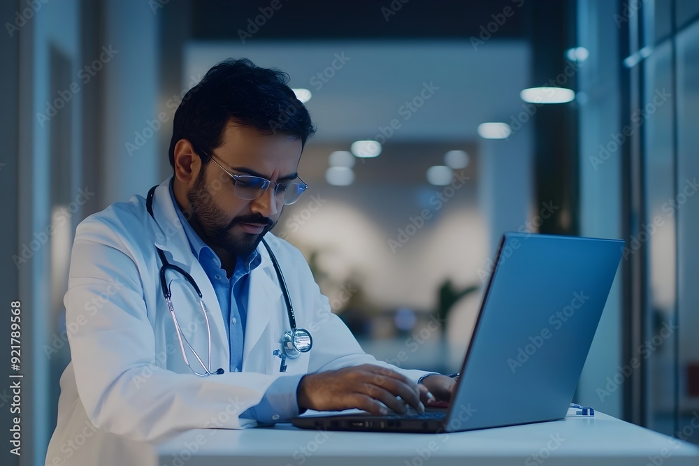 Indian Male Medical Expert Using Laptop for Virtual Consultations at Hospital Indian Male Medical Expert Using Laptop for Virtual Consultations at Hospital