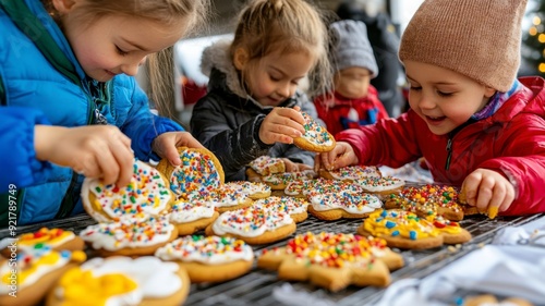 Children decorating colorful cookies with icing and sprinkles, capturing festive joy and creativity during a holiday celebration.