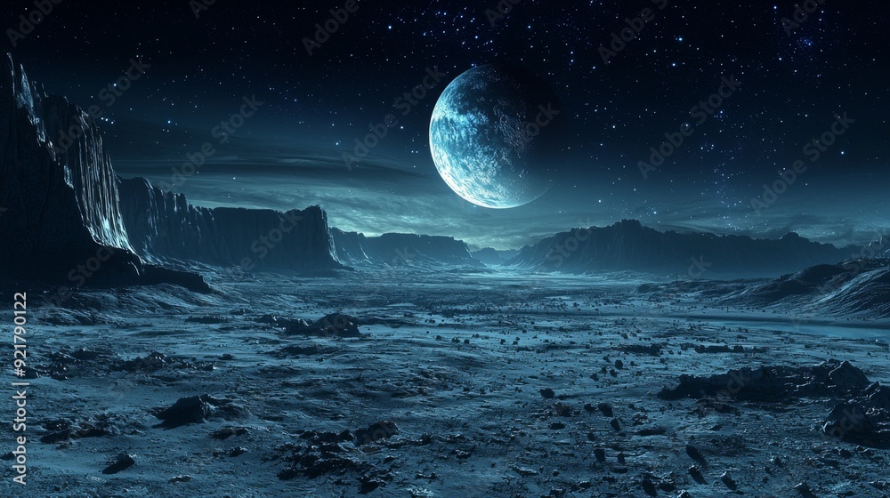 Fototapeta premium Alien Planet Landscape with a Blue Moon and Stars.