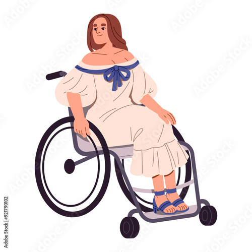 Happy character with physical disability. Disabled person with positive emotion. Woman sits in a wheelchair. Paralyzed girl in dress walks with wheel chair. Flat isolated vector illustration on white
