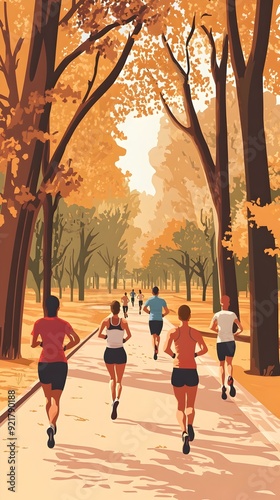 Diverse Group of Fitness Enthusiasts Exercising in Autumn Park Landscape