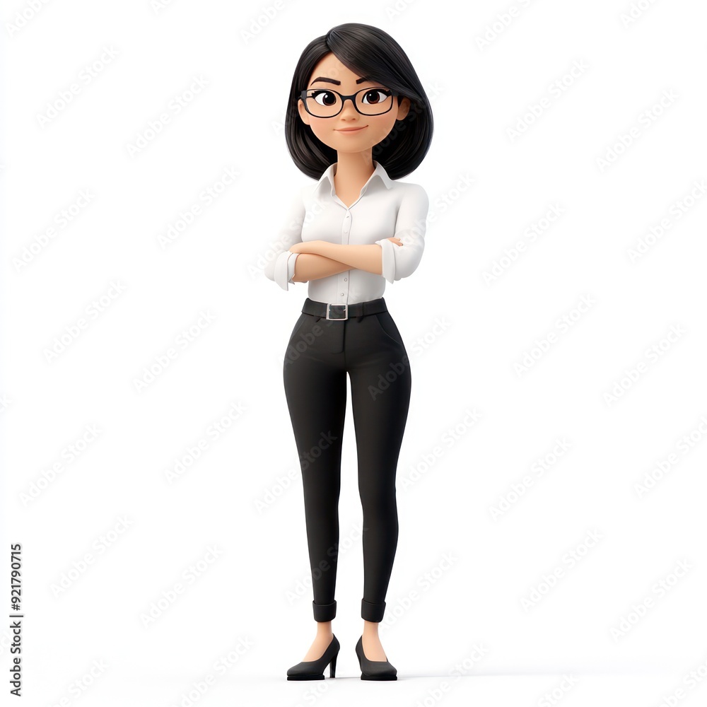 A 3D animated character of a confident woman in business attire. A 3D animated character of a confident woman in business attire.