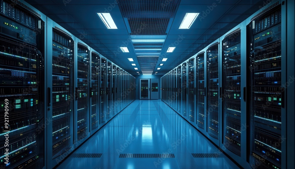 Vast server room filled with network racks in a dimly lit, high-tech facility at night Vast server room filled with network racks in a dimly lit, high-tech facility at night