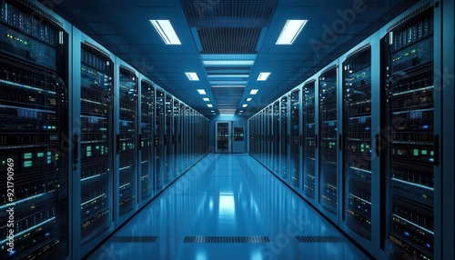 Vast server room filled with network racks in a dimly lit, high-tech facility at night