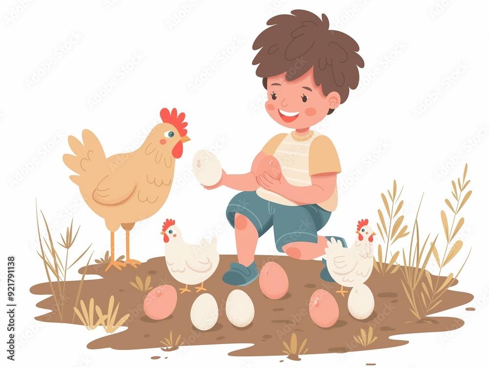 Obraz premium Child picking chicken eggs illustration. AI generated