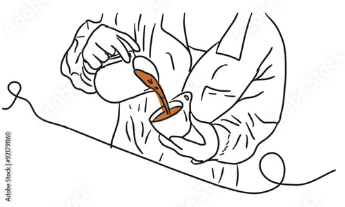 black and white hand drawn minimalist line art black and white barista making coffee late art in a cup