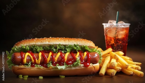 Fresh hot dog with ketchup and mustard, crispy fries, and a cold beverage on a wooden table