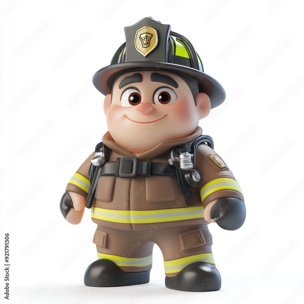 A cheerful cartoon firefighter character in a uniform with a helmet and equipment. A cheerful cartoon firefighter character in a uniform with a helmet and equipment.