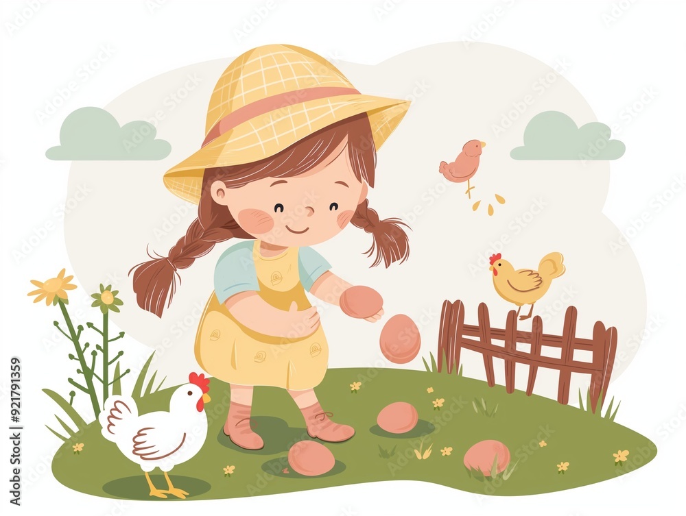 Fototapeta premium Child picking chicken eggs illustration. AI generated