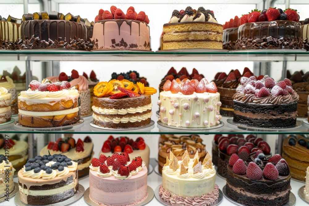Cake shop with various cake flavors, or delicious cakes in cafe' and birthday cake concept. Cake shop with various cake flavors, or delicious cakes in cafe' and birthday cake concept.
