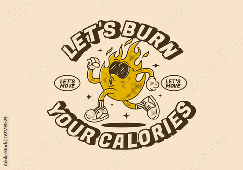 Let's burn your calories. Running fire flame character illustration in retro style