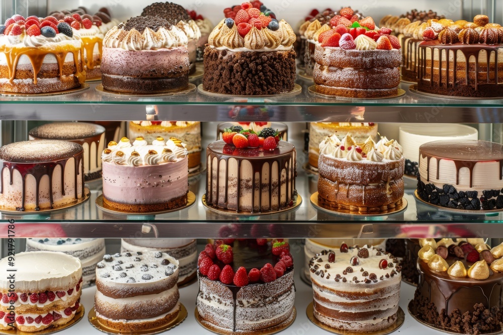 Cake shop with various cake flavors, or delicious cakes in cafe' and birthday cake concept. Cake shop with various cake flavors, or delicious cakes in cafe' and birthday cake concept.