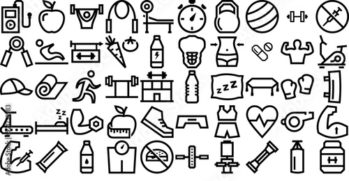 Mega Set Of Vector Fitness Outline Isolated Silhouette Solid Icons With Fitness,Gym,Training,Weight,Muscle Vector Illustration Linear Pictogram Pack