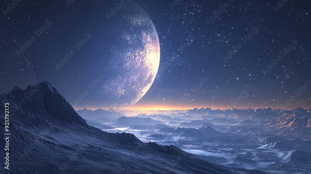 Alien Planet Landscape with Large Moon.
