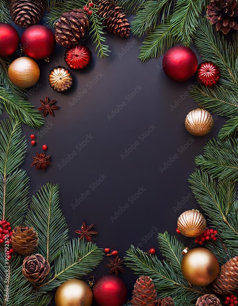 Christmas border frame design copmosition of noble fir tree branch and red golden decorations balls Christmas border frame design copmosition of noble fir tree branch and red golden decorations balls