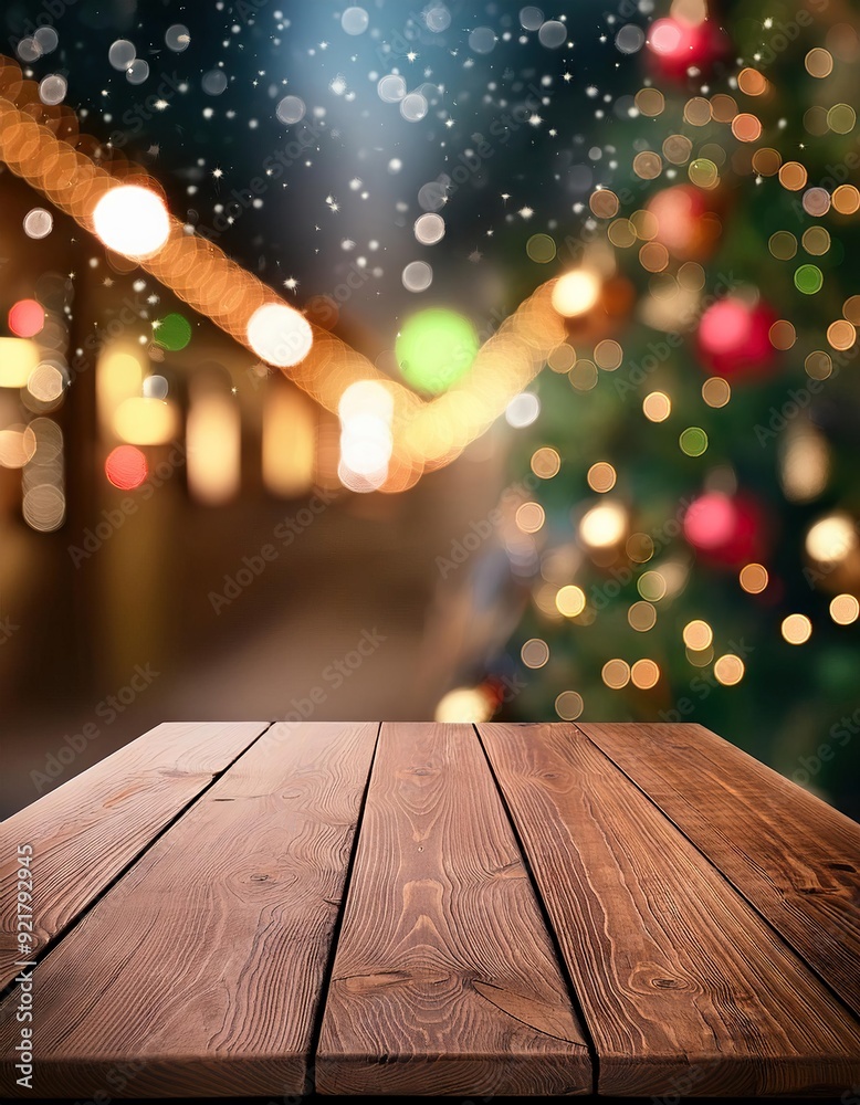Empty wooden table over defocused christmas background with copy space Empty wooden table over defocused christmas background with copy space