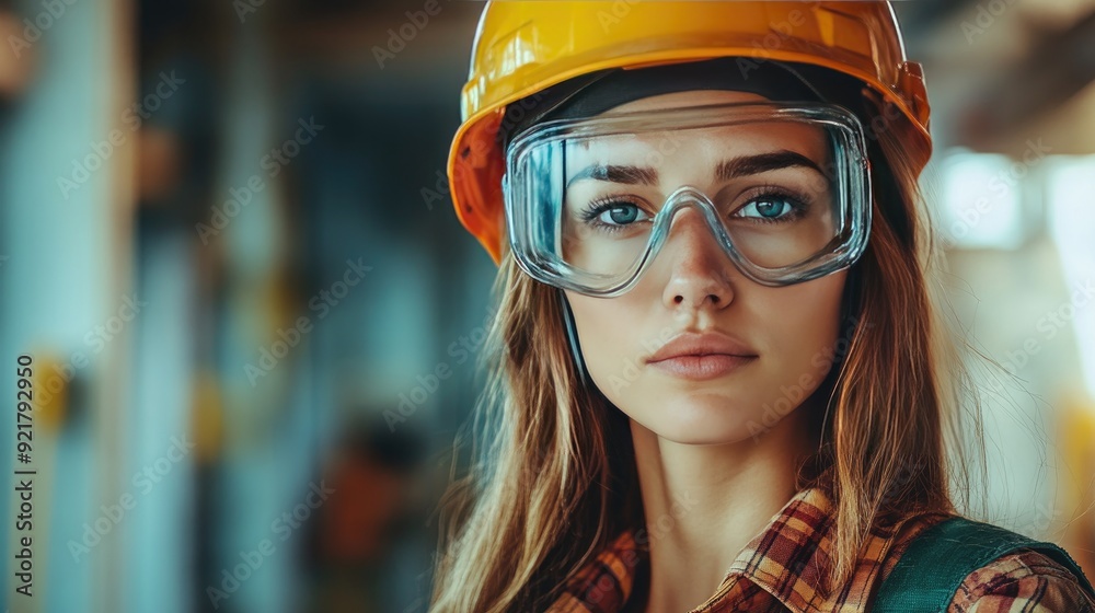 A woman wearing a yellow hard hat and safety glasses. She is looking at the camera. A woman wearing a yellow hard hat and safety glasses. She is looking at the camera.