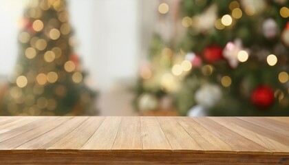 Empty wooden table over defocused christmas background with copy space