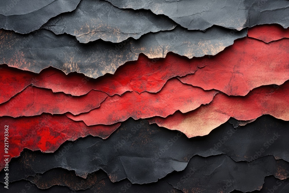 A black and red paper with a red line in the middle. The paper is torn and crumpled A black and red paper with a red line in the middle. The paper is torn and crumpled