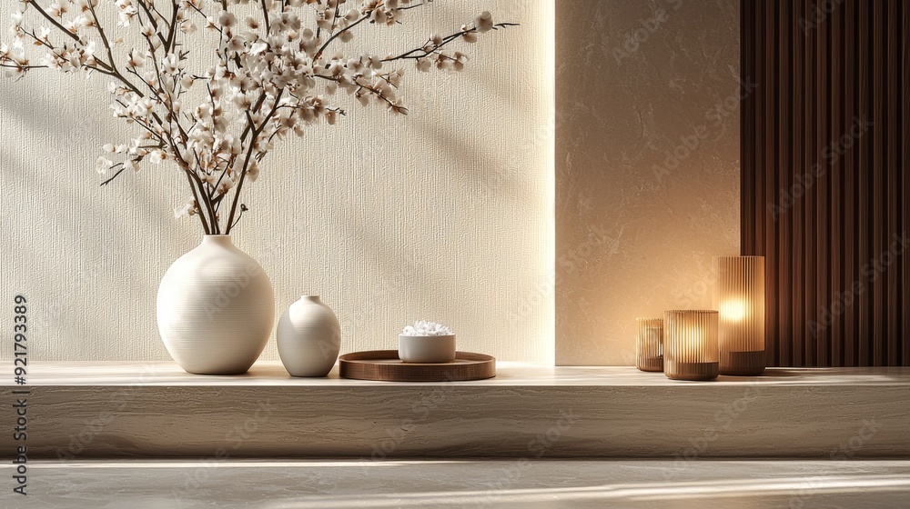 Minimalist Interior Design with White Flowers and Wooden Accents. Minimalist Interior Design with White Flowers and Wooden Accents.