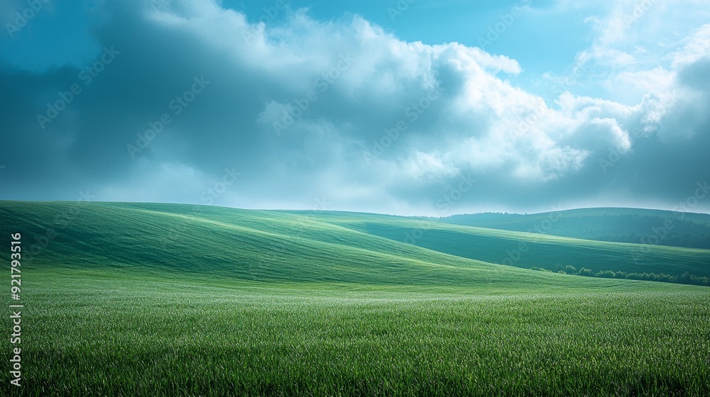 Obraz premium Green field with cloudy sky.