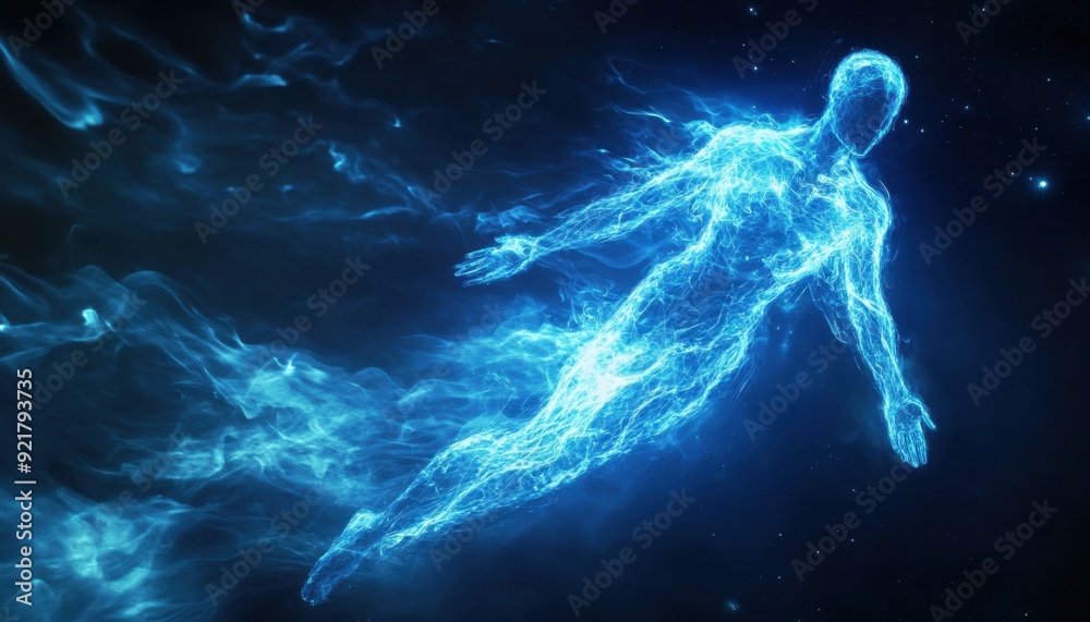 Ethereal blue figure soaring through a cosmic landscape with glowing trails Ethereal blue figure soaring through a cosmic landscape with glowing trails