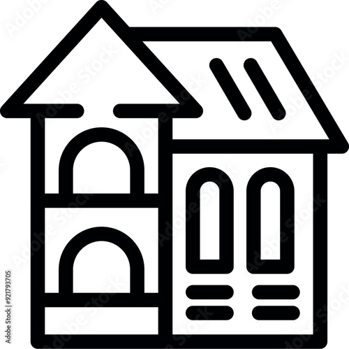 Simple black and white line icon representing a residential building with a sloped roof