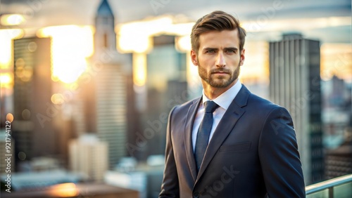 portrait of confident businessman in suit standing in front of modern building