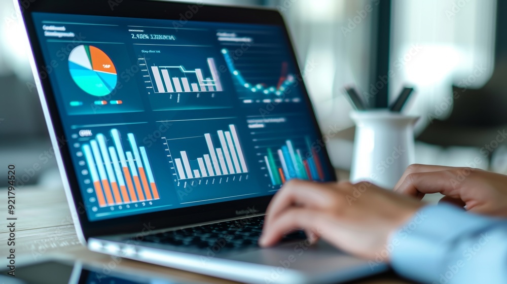 A person using their laptop to create and clean up visual data, with graphs displayed on the screen showing various business performance growth trends A person using their laptop to create and clean up visual data, with graphs displayed on the screen showing various business performance growth trends