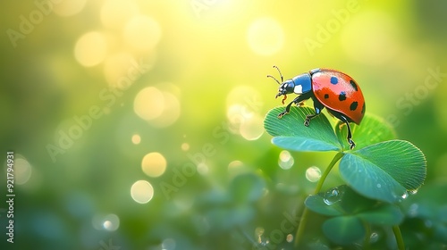 A vibrant ladybug perched on a clover leaf against a fresh green background