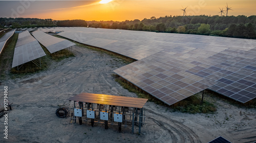 Industrial solar power station, currently under construction, showcasing solar modules and the array of white combiner boxes with power cables for connection to solar energy system grid.