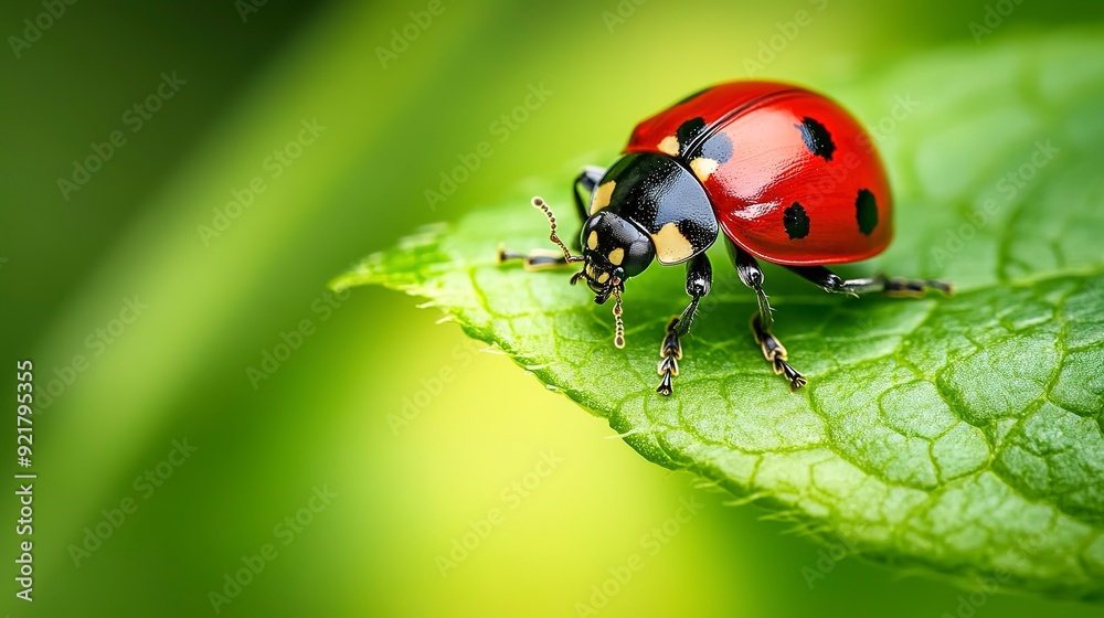 macro shot of ladybug sitting on green leaf macro shot of ladybug sitting on green leaf