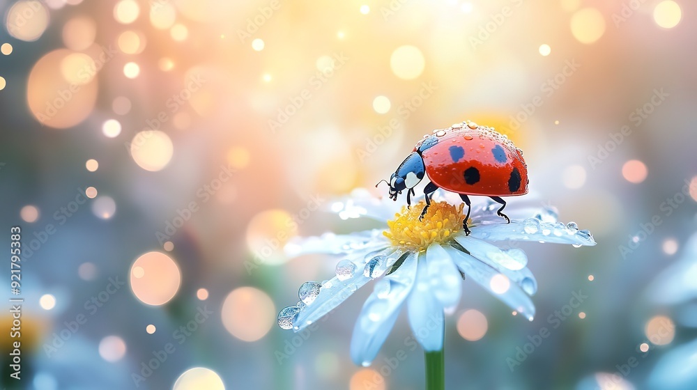 ladybug close-up bokeh. ladybug among white blue chamomile with drops of water, flowers after rain, sunlight, atmosphere of magic and kindness, calm pastel colors ladybug close-up bokeh. ladybug among white blue chamomile with drops of water, flowers after rain, sunlight, atmosphere of magic and kindness, calm pastel colors