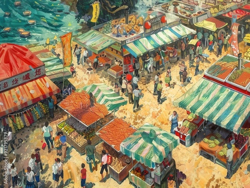 Wallpaper Mural 34 Festival scene with stalls selling soft shell crab sandwiches bird's-eye view Torontodigital.ca
