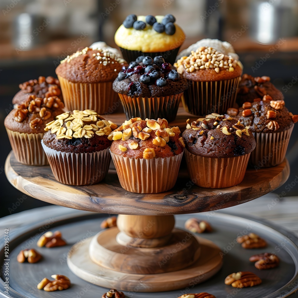 Assortment of Freshly Baked Muffins and Pastries on Wooden Cake Stand Assortment of Freshly Baked Muffins and Pastries on Wooden Cake Stand
