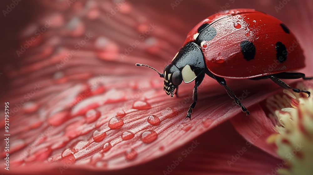 Fototapeta premium Stunning macro image of a ladybug exploring a flower petal. The close-up captures the ladybug's glossy red shell and distinctive black spots, as well as the fine details of the flower petal.