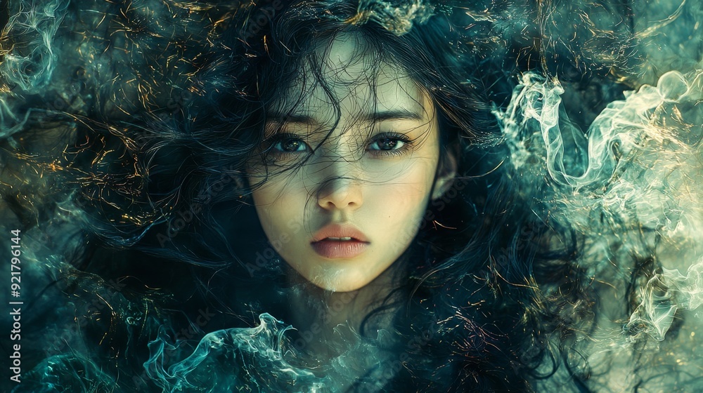 Woman with Dark Hair and Intricate Smoke Patterns. Woman with Dark Hair and Intricate Smoke Patterns.
