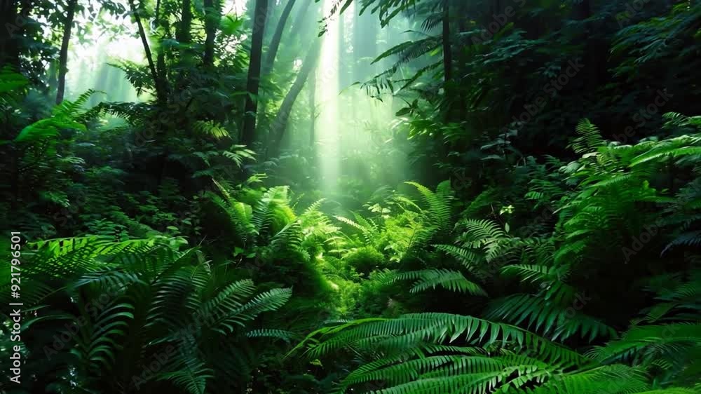 Exploring a lush green forest with sunlight streaming through the trees in the morning Exploring a lush green forest with sunlight streaming through the trees in the morning