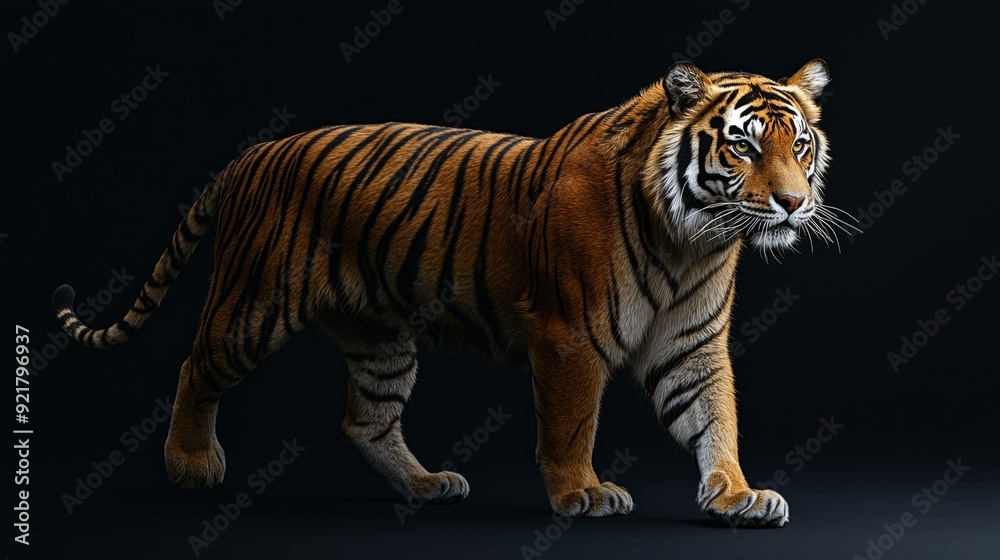 Majestic Bengal Tiger Walking on Black Background. Majestic Bengal Tiger Walking on Black Background.