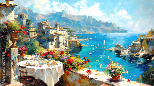 Small restaurant on the Mediterranean Sea, oil painting style, summer seascape