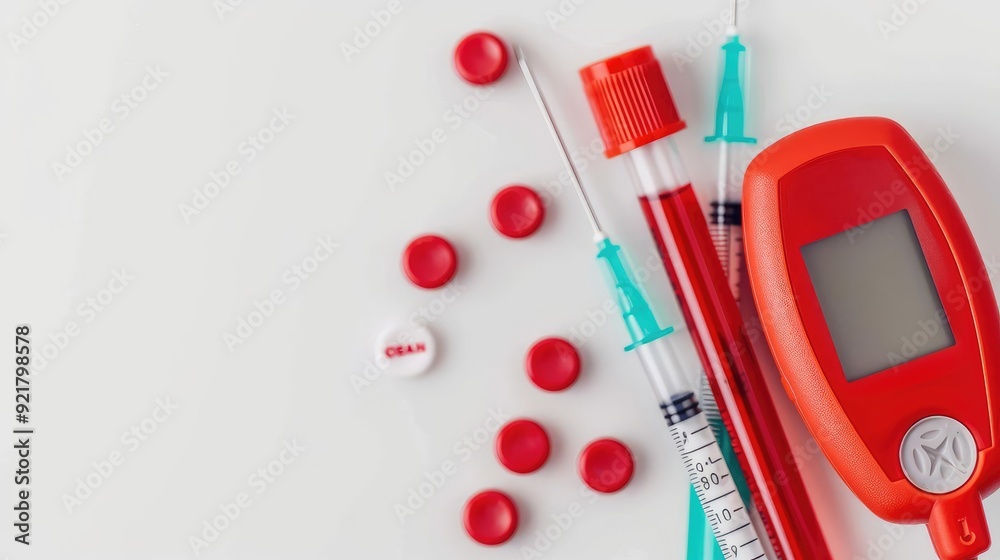 Close-up of a red liquid glucose monitor with lancets and test strips on a white background, diabetes management tools, medical technology Close-up of a red liquid glucose monitor with lancets and test strips on a white background, diabetes management tools, medical technology