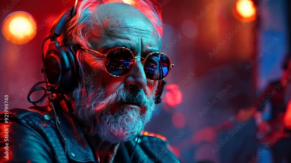 Elderly DJ performs electrifying set at underground club in vibrant neon-lit environment