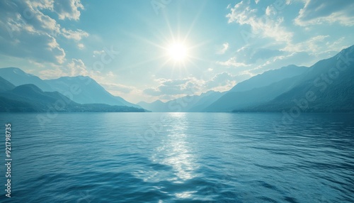 Calm lake reflecting mountains with sunlight over the water at midday