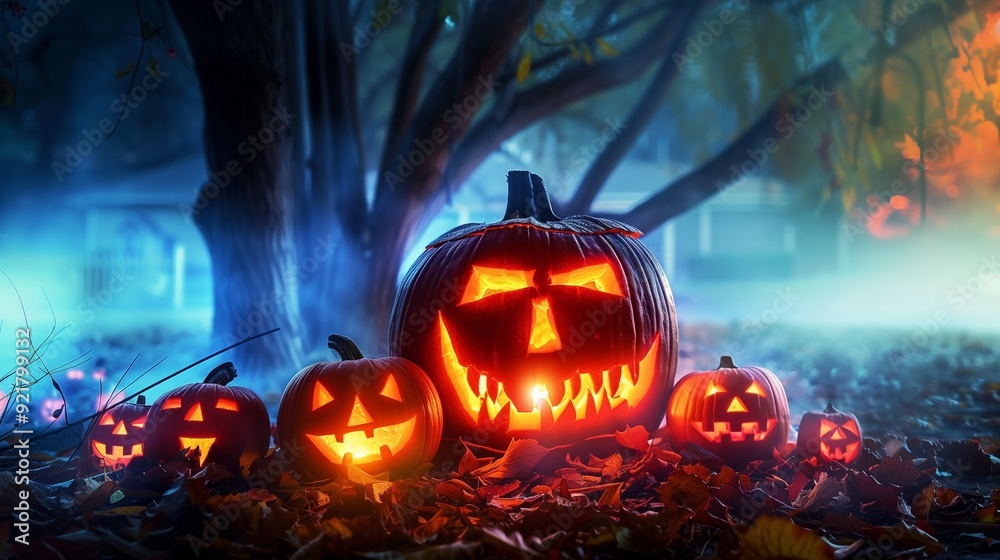 Naklejka premium Eerie Halloween Scene with Glowing Jack-o'-Lanterns in Misty Forest at Dusk, Surrounded by Autumn Leaves and Foggy Atmosphere, Capturing Spooky and Mysterious Vibes